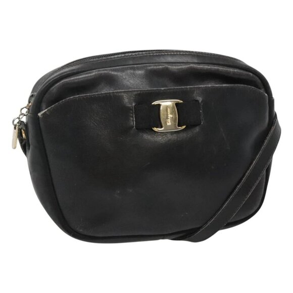 Salvatore Ferragamo Shoulder Bag Leather Black Gold Auth BA1137 - Picture 1 of 16
